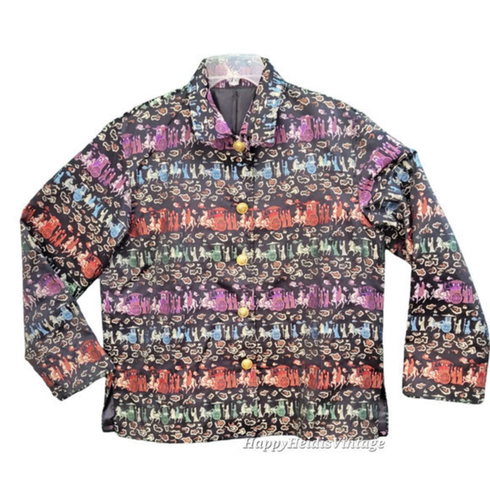 HP Vintage Chinese‎ Carriage  Pattern Jacquard 5 Gold Button Boxy Blazer Jacket